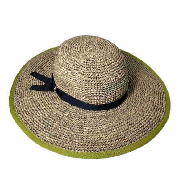 Hat Attack Natural Tan Raffia Wide Brim Green Trim Black Ribbon Straw Sunhat O/S - Picture 1 of 12